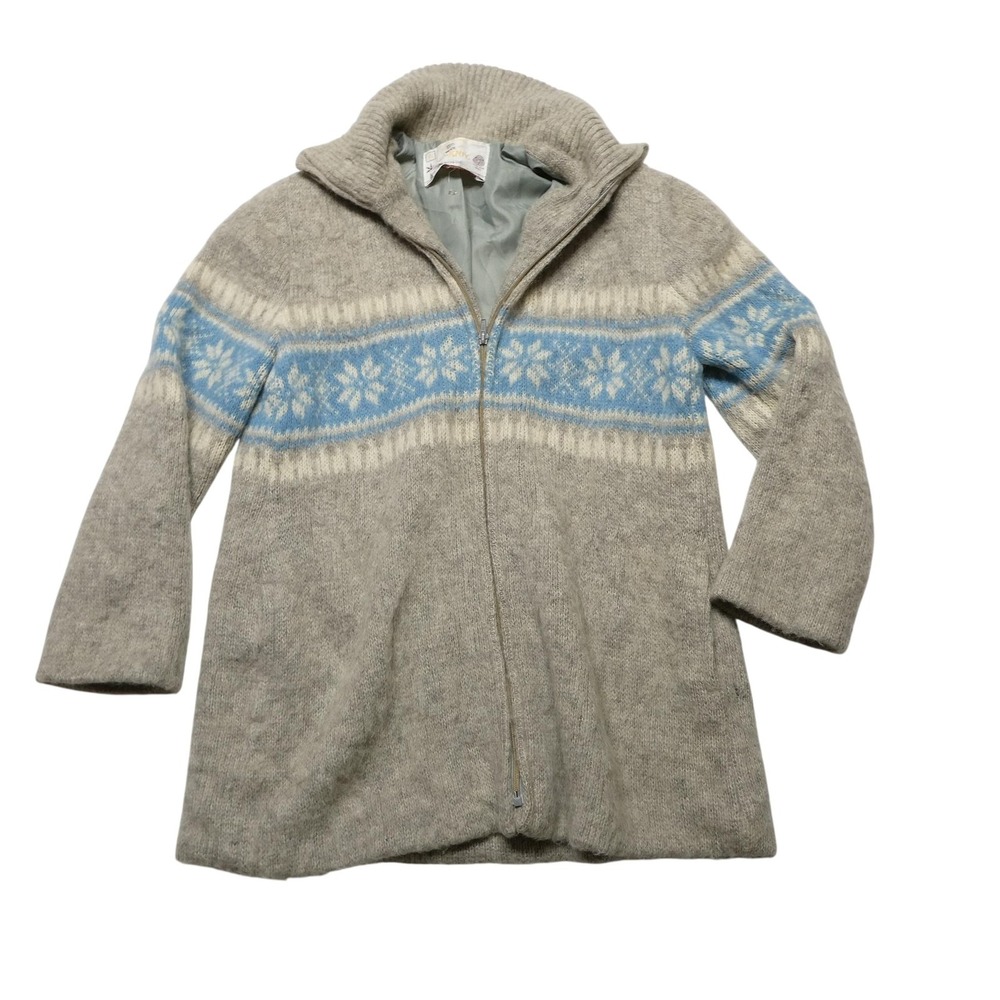 ICE-KNIT Coat Womens Large Gray Blue Fair Isle Wool Full Zip Nordic Ski Lined